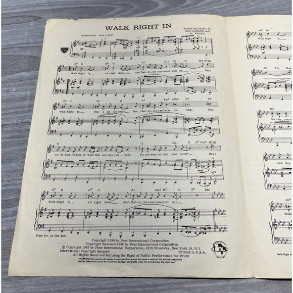 Piano Sheet Music Walk Right In 1963 Gus Cannon H Woods Vintage - Picture 2 of 4